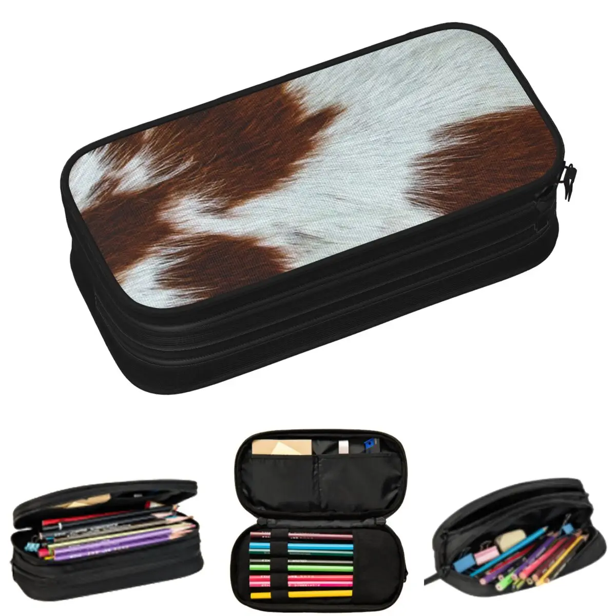 

Stylish Cow Fur Cowhide Texture Cow Skin Pattern Pencil Cases for Students School Pen Box Pencil Bag Large Capacity Pencil Pouch