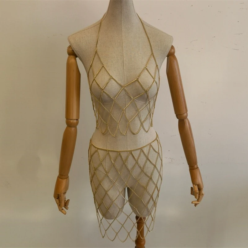 Gold-Silber 2-teiliges Körperketten-Set für Damen, Neckholder-Top & Rock, mehrlagiges Mesh-Ketten-Outfit für Party, Festival, Clubwear, passende Sets – Detail 1