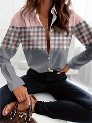 Fashion Women's Shirts & Blouses,Pink and Gray Patchwork Plaid Shirt,2024 Spring & Summer Plus Size Female Clothing Blouse Tops