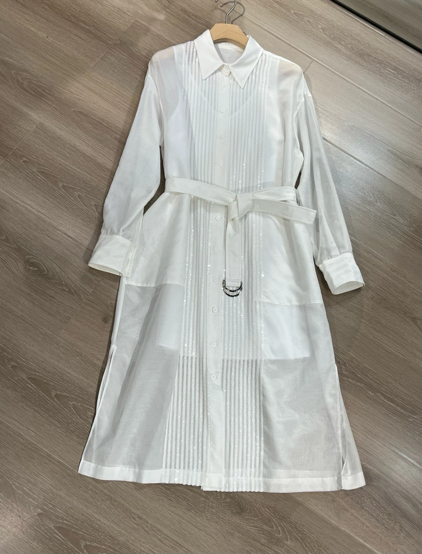 

Women's Spring and Summer New Sequin Lapel Belt Long Silk Cotton Shirt Dress Elegant All-match