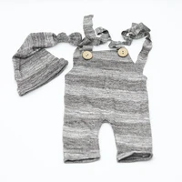 Newborn Photography Props Baby Boy Knit Overalls Set Knotted Hat Gray Textured Romper Infant Photoshoot Outfit 6