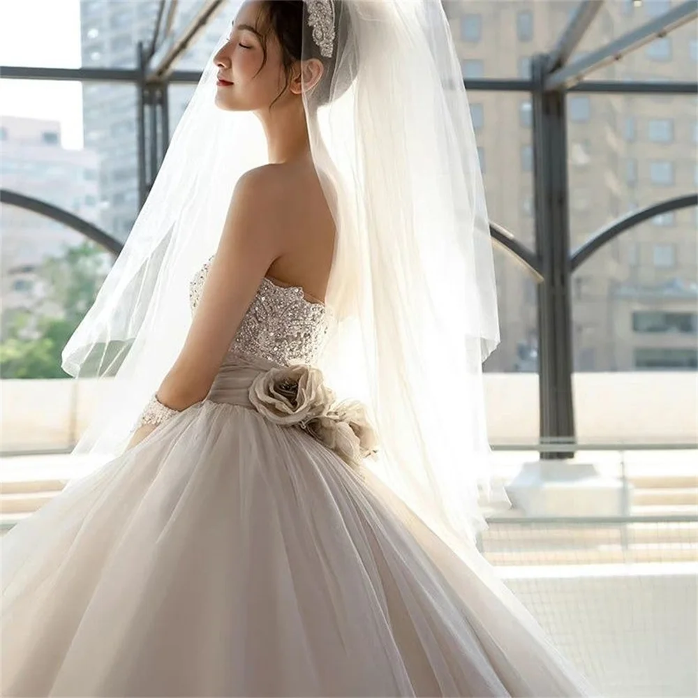 Classic Wedding Dresses A-Line Bridal Gowns Sequin Appliques Strapless Backless Robes For Party Vestidos Customized 073