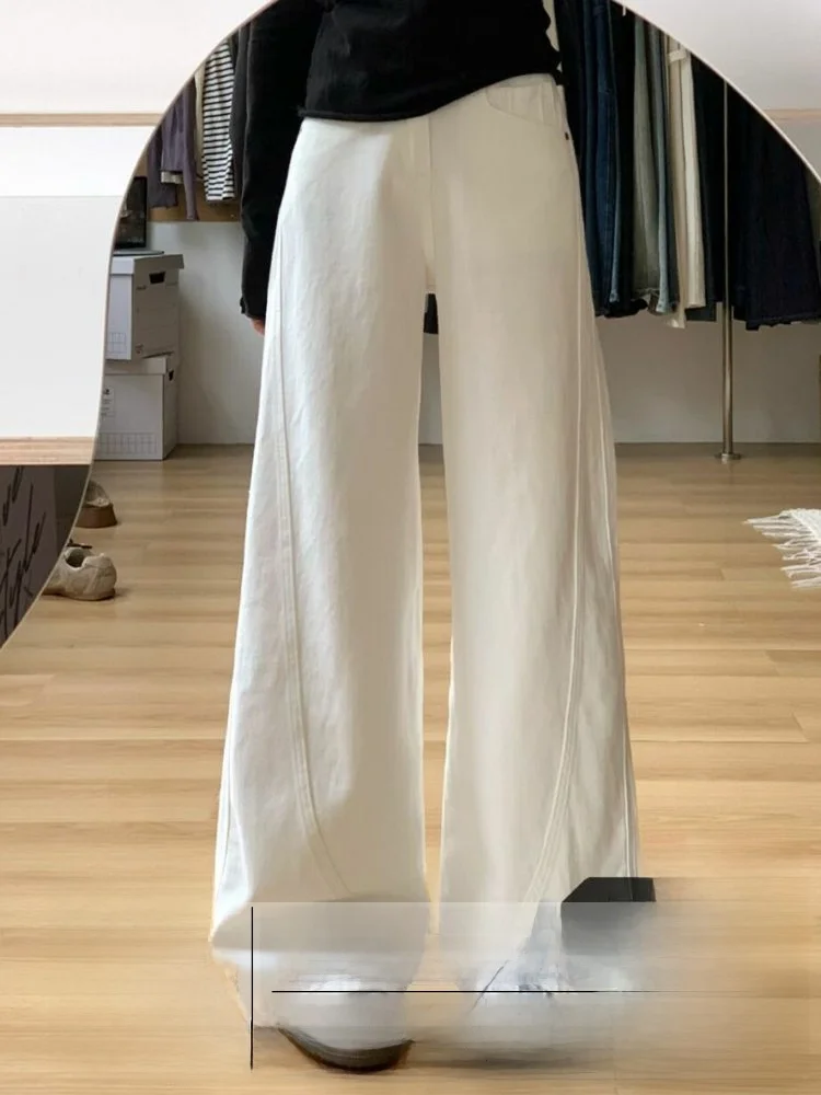 

Широкие джинсовые джинсы с высокой талией, женские свободные драпированные прямые брюки, осень-зима, новые простые белые повседневные брюки