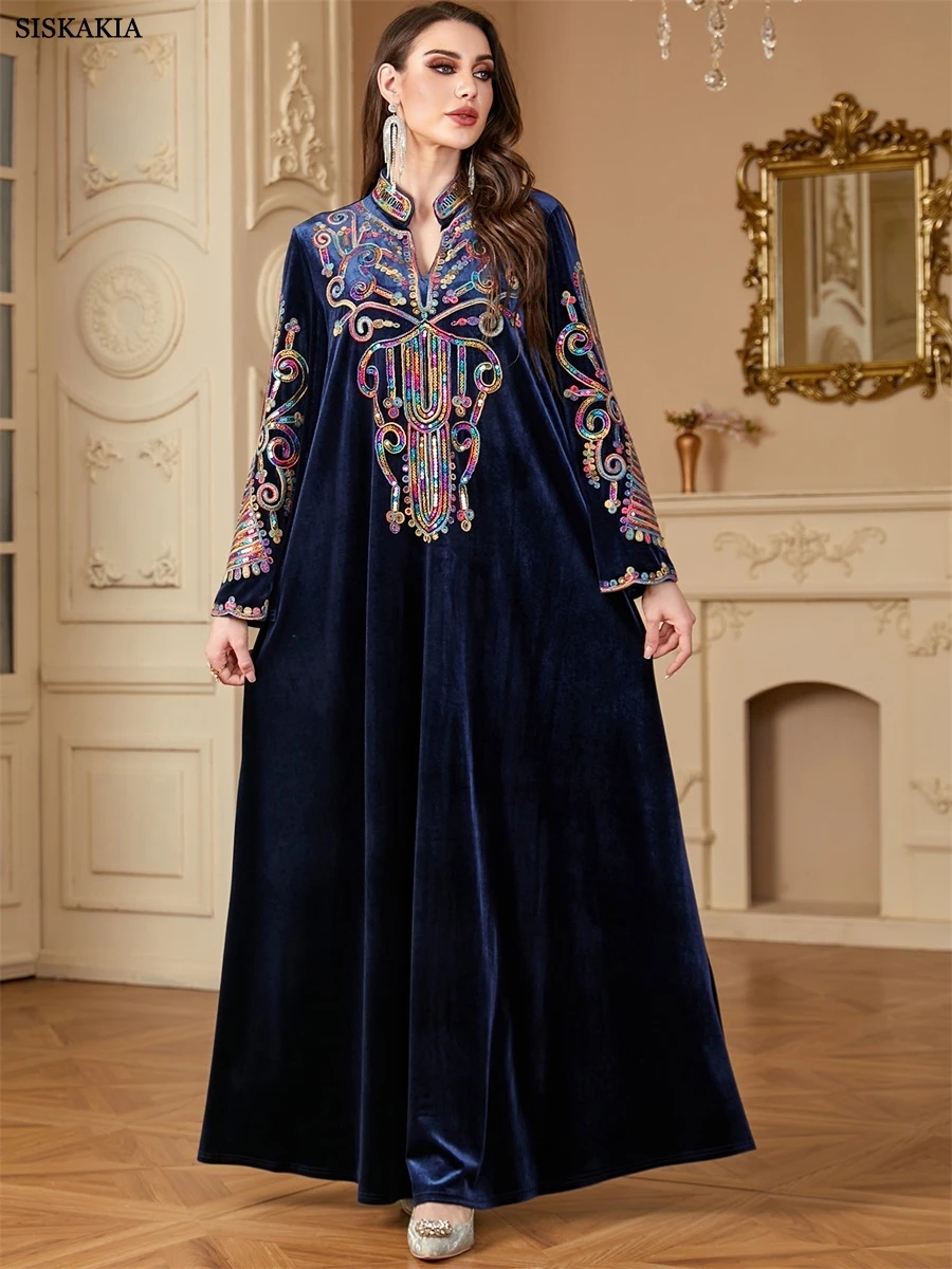 Siskakia Ramadan Muslim Women's Sequins Embroidery Abaya Conventional Sleeve Kaftan Gold Velvet Stylish Dresses