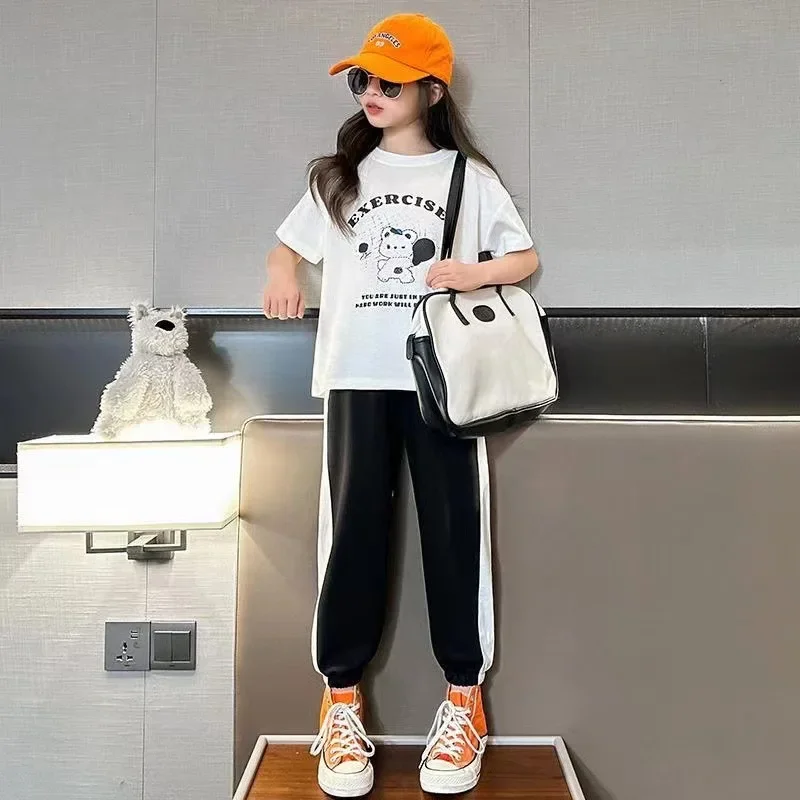 2024 summer Kids Girls Tracksuit Letter bear Teenager t-shirt + striped Ankle-tied pants Clothes children Set  4 6 8 10 12 Years