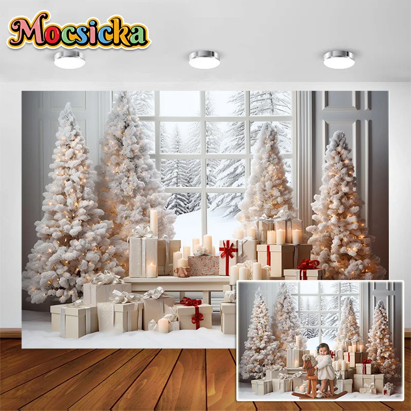 

Winter Snow Window Christmas Tree luxury Room Decor Props Kids Portrait Birthday Party Curtains Studio Photography Background