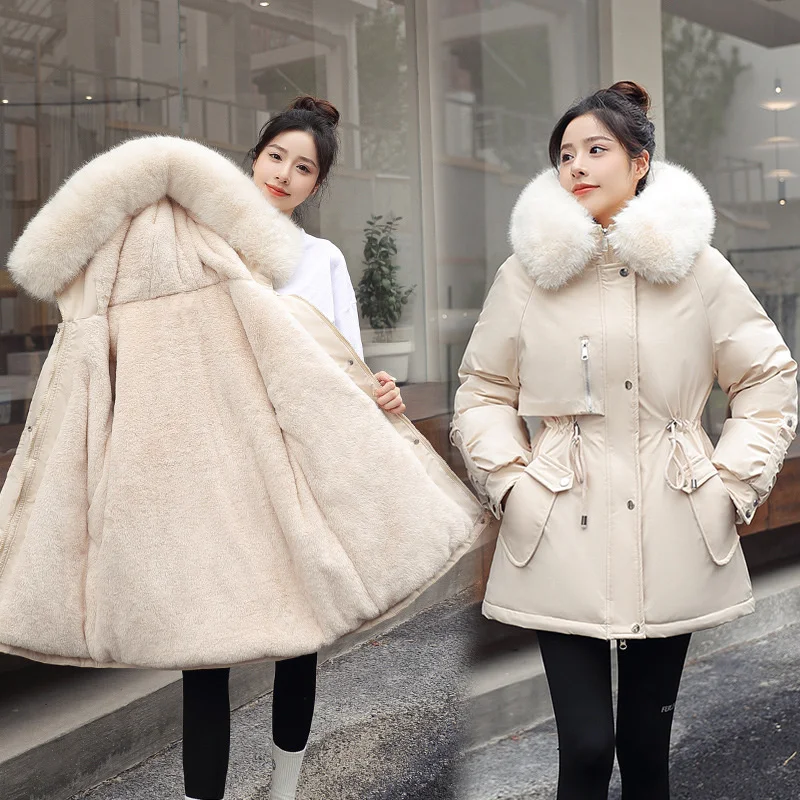 

Fur Ladies Collar Warm Snow Wear Padded Coats New Winter Jacket Women Parka Fashion Long Wool Liner Hooded Parkas Slim