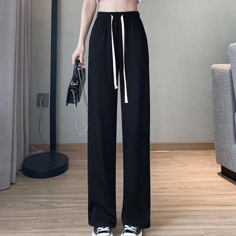 Women Solid Color Ribbed Wide Leg Long Pants Drawstring High Waist Sweatpants 066C