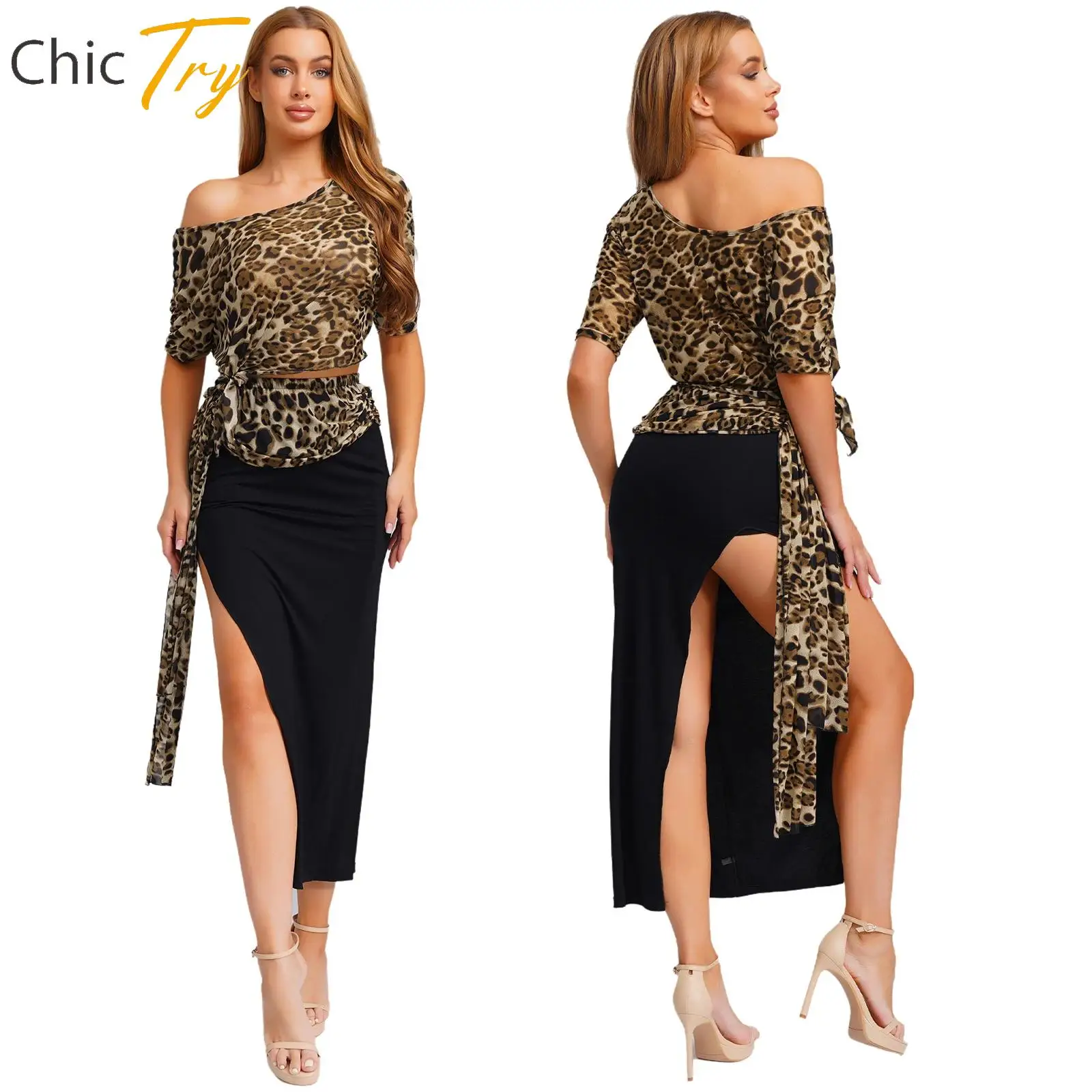 

Leopard Print Women Belly Dance Performance Outfits Crop Tops Skirt+Hip Scarf+Safety Shorts 3-piece Holiday Carnival Dancewear