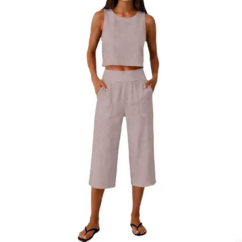 

77HE Женский комплект из 2 предметов, укороченный топ без рукавов, широкие брюки, комбинезон, льняные комплекты для пляжного