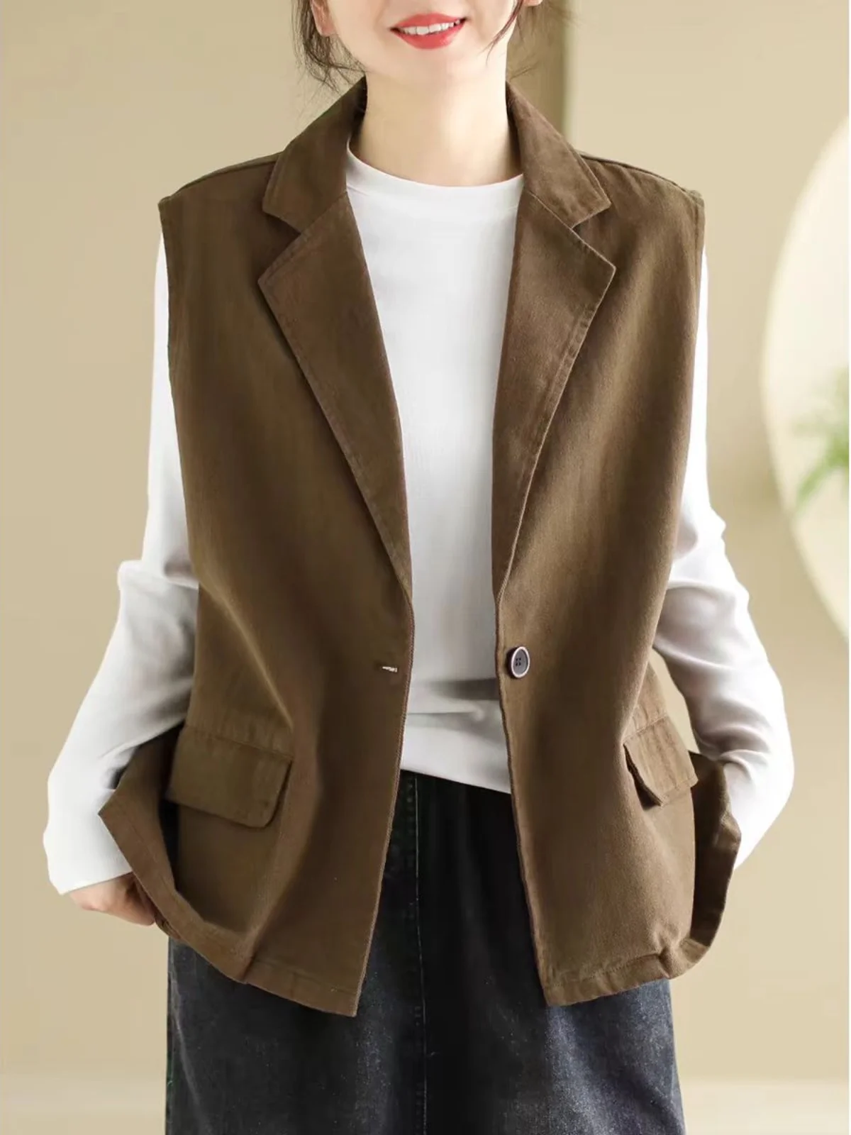 

Женский жилет из чистого хлопка, большие размеры, повседневный, универсальный, на одной пуговице, осенний сезон, цветной дизайн