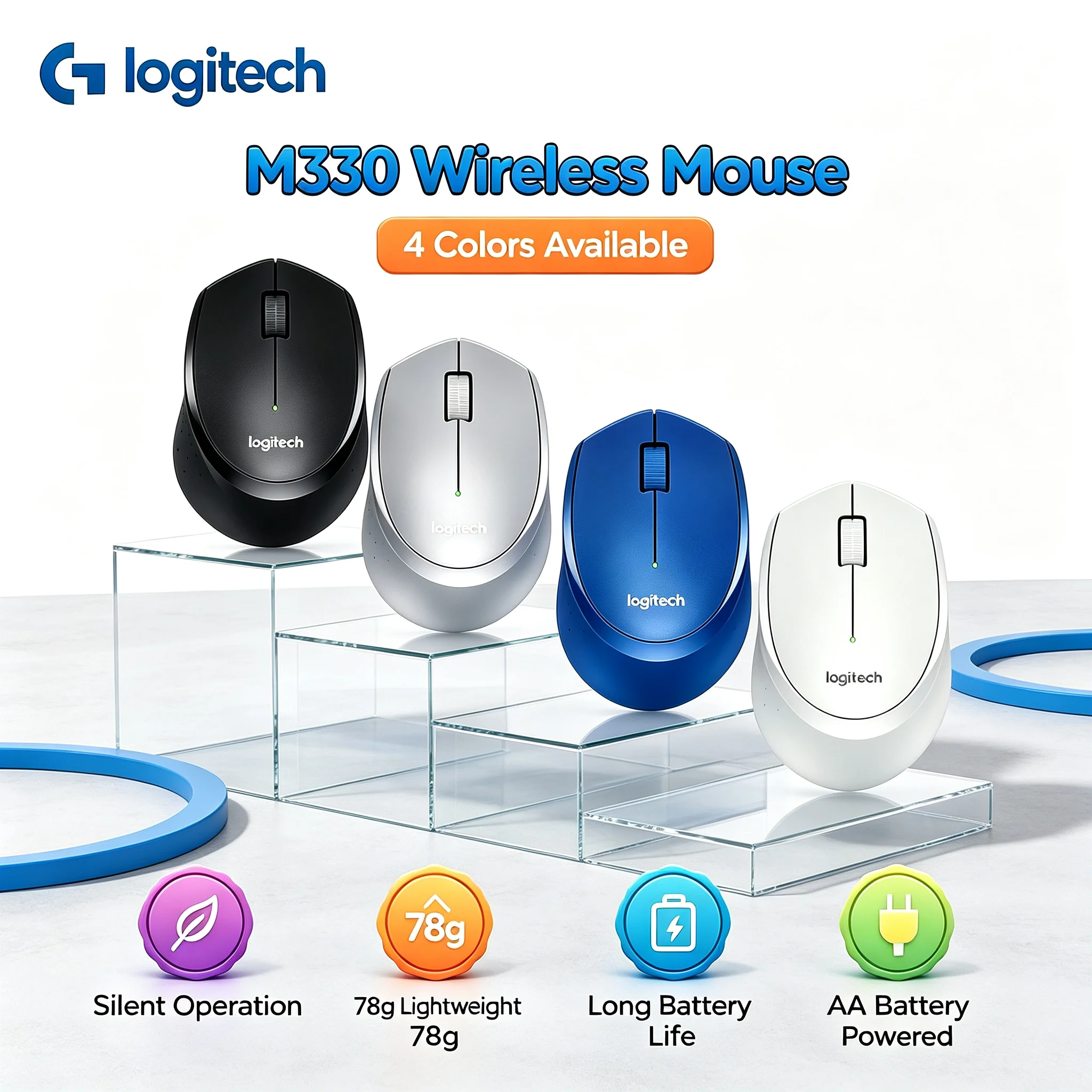 Logitech M330 2.4G Wireless Silent Mouse, 4 Colors Available, Comfort Ergonomic Grip for Office Daily Use
