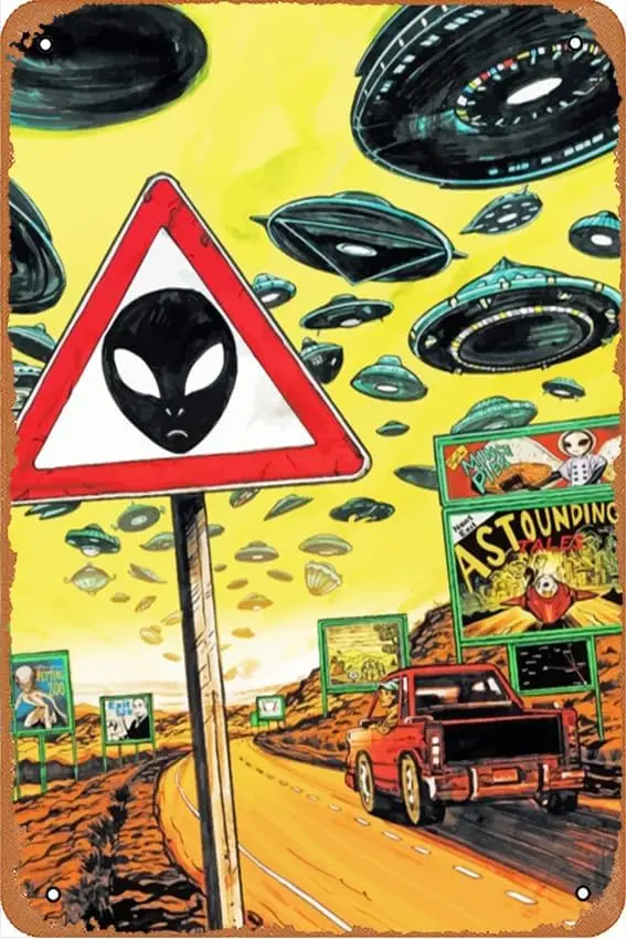 Aliens Road Posters Retro Metal Signs Vintage Wall Decor Art Tin Sign, 8X12 Inch (20X30 CM)