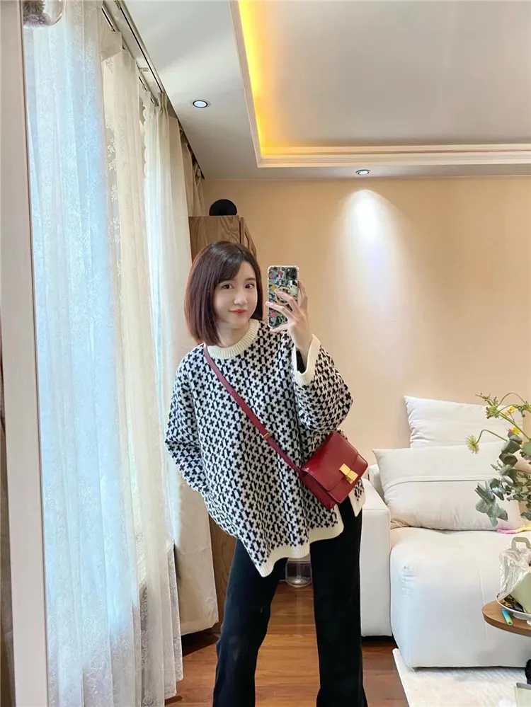 

Шерстяной вязаный свитер Thiened Cross Pattern, свободный широкий свек с разрезом подол, длинный женский топ из смеси шерсти све, зимняя мода