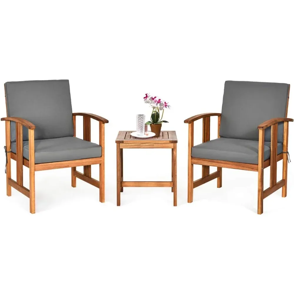 

3 Pieces Patio Furniture Set, Includes Set of 2 Outdoor Acacia Wood Cushioned Chairs and Coffee Table, for Garden, Backyard