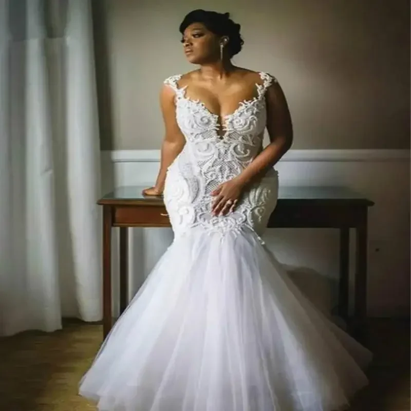 

Customized African Mermaid Wedding Dresses Plus Size Country Garden Wedding Gowns With Appliques Tulle Arab Bride Dress