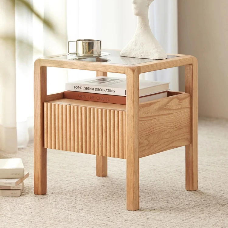 K3023 أثاث غرفة نوم من الخشب الصلب الاسكندنافي طاولة بجانب السرير زجاجية