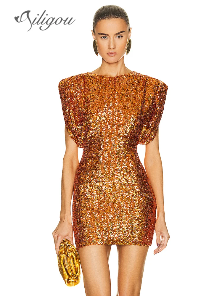 

Ailigou 2024 New Summer Women's Luxury Gold Sexy Round Neck Tight Sequin Mini Dress Elegant Celebrity Party Dress Vestido