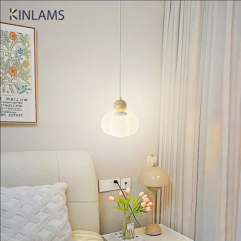 

Cream Pumpkin Pendant Lamp Bedroom Small Chandelier Modern Simple Children's Room Overhead Light Home Decoration LED Lighting