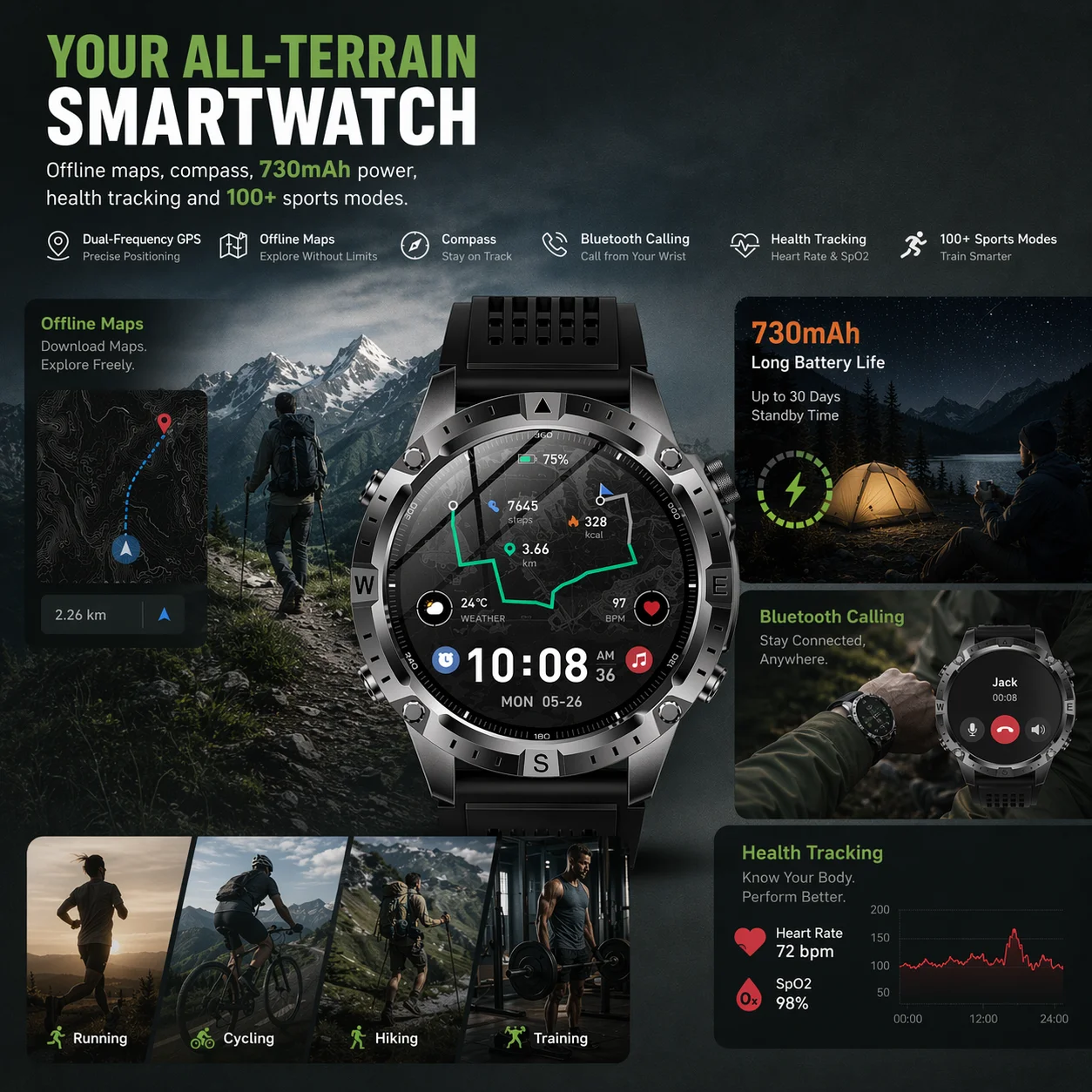 2026 GPS Offline Map Position 1.43'' AMOLED Military Rugged Smart Watch Men 730mAh Battery 170+Sport Mode Waterproof Call Watch