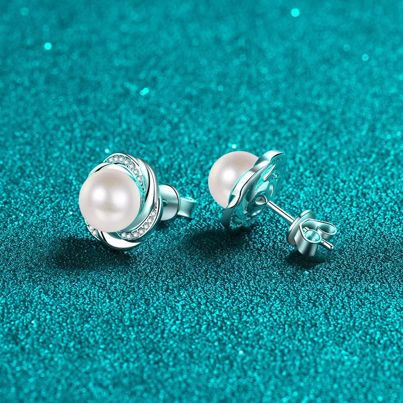 925 Sterling Silver Female Moissanite Stone Freshwater 8mm Pearl Earrings and Ear Accessories