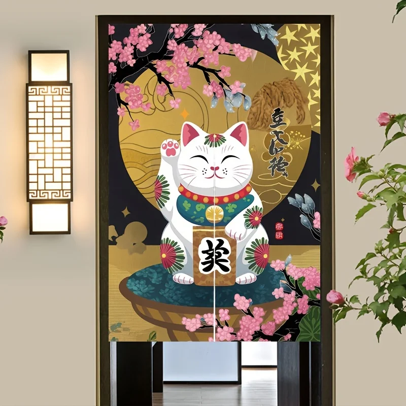 japanese maneki neko lucky cat cherry blossom noren door curtain linen half panel kitchen bar decor Simple Installation