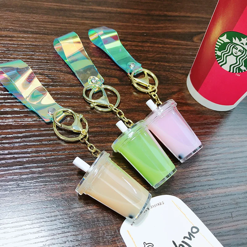 Simulation Pearl Milk Tea Acrylic Key Chain Candy Color Beverage Bottle Keyring Pendant for Couple Kids Backpack Charm Keyfob