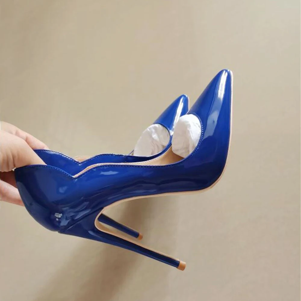 Blue Curl Upper Women Patent PU Pointed Toe Stiletto 12cm High Heels Sexy Ladies Party Dress Shoes Club Dance 10cm Pumps QP042