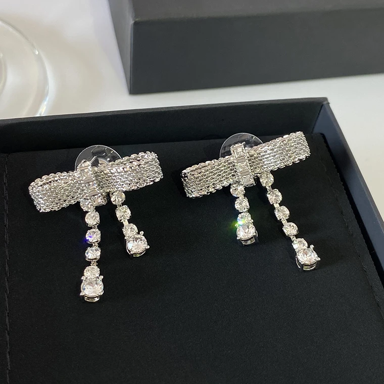 Famous Designer Brand Top Quality Crystal Bow 925 Silver Needle Luxury Earrings Women Jewelry Trend