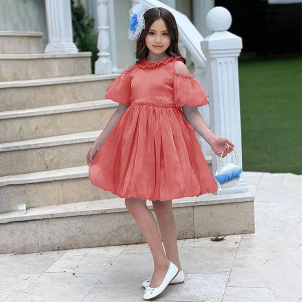 Robe de luxe à perles pour filles, épaules dénudées, manches courtes bouffantes, ligne A, robe à fleurs pour fête de mariage, longueur aux genoux, robe de première Communion, nouvelle collection