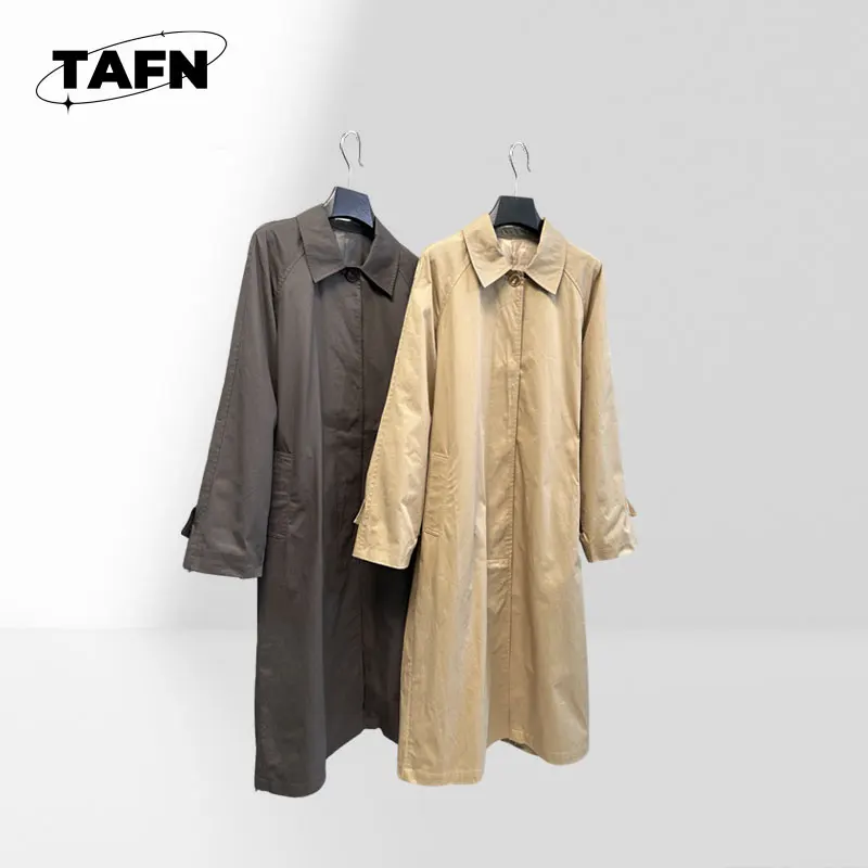 100% Cotten Street Style Overcoat with Lapel Design Women's Mid-Length Windbreaker Trench Jacket with Buttons AI1564
