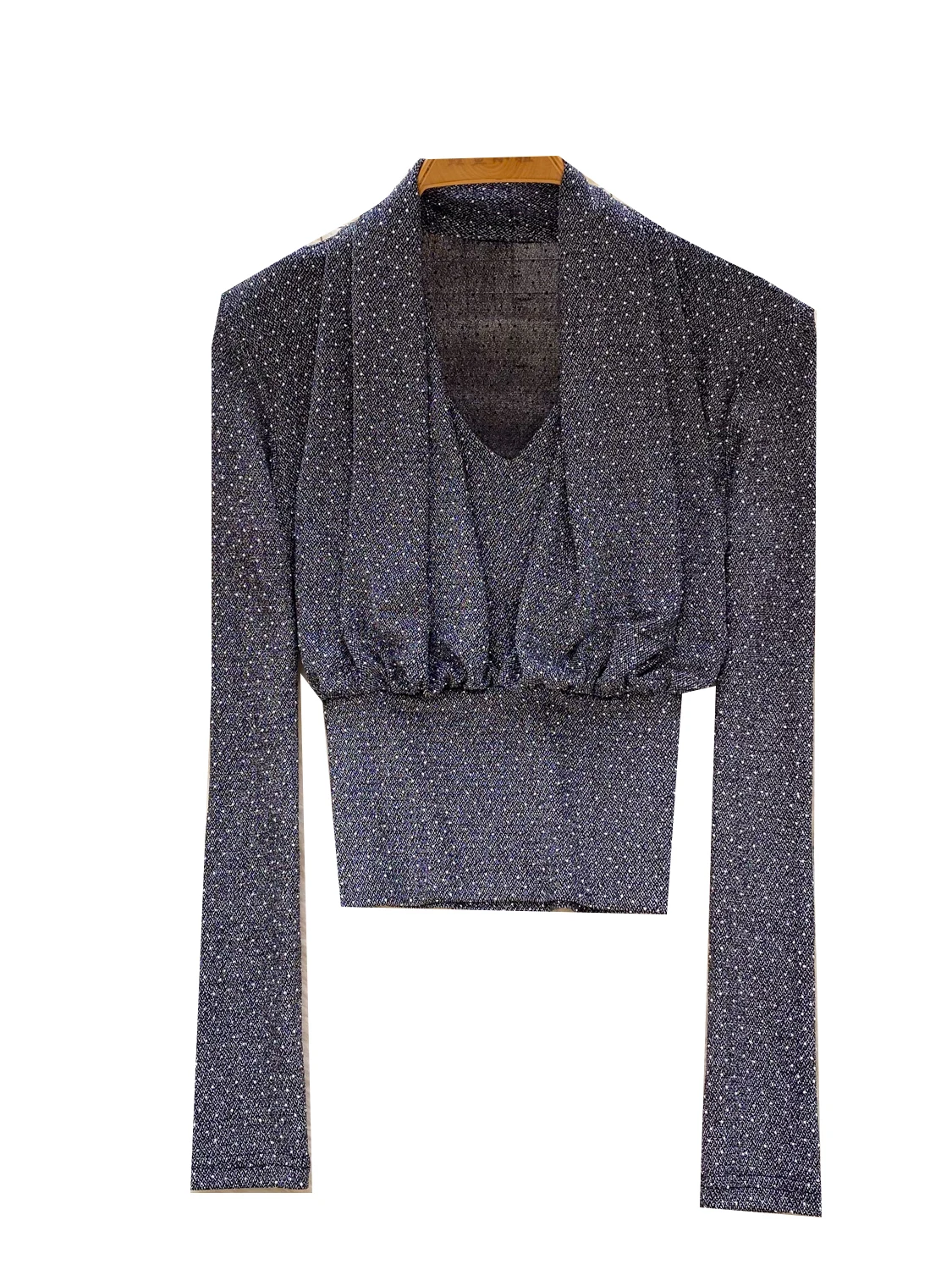 بلوزة iny مطوية بالترتر طويلة Sve V-Ne قاعدة irt التألق للتنقل Sle الكورية Faion سليم صالح ملابس يومية #5