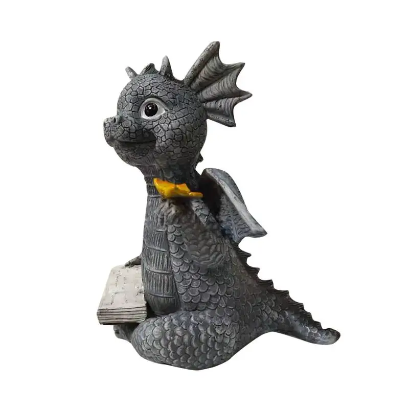 Dragon Statue Outdoor Reading A Book Holding Butterfly Dragon Figurines Cute Animal Garden Statue Fairy Garden Accessories Art