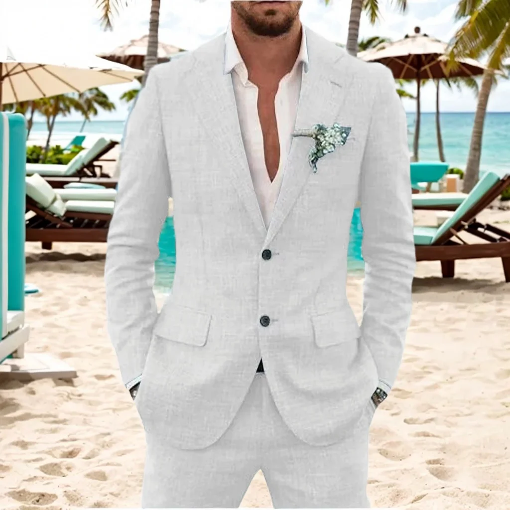 

M76 Linen Suit for Men 2 Pieces Blazer Pant Set Summer beach Party Notched Lapel Slim Fit Wedding Suit Prom Suit Groom