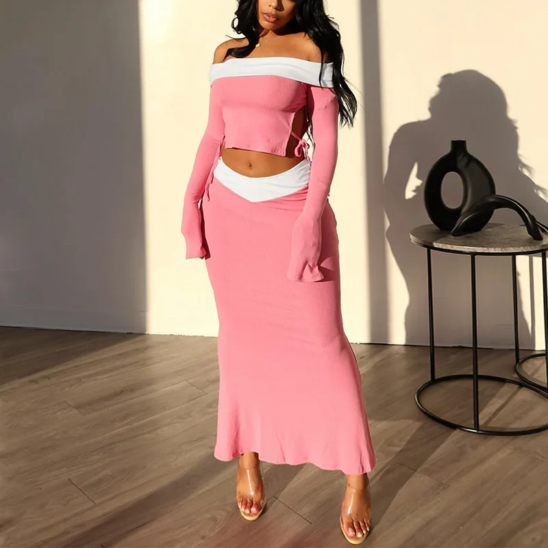 

Ribbed 2 Pcs Sets Slash Neck Long Sleeve Hollow Out Lace Up Sexy Crop Top Maxi Skirt Spring Women Outfit Birthday Party Suit