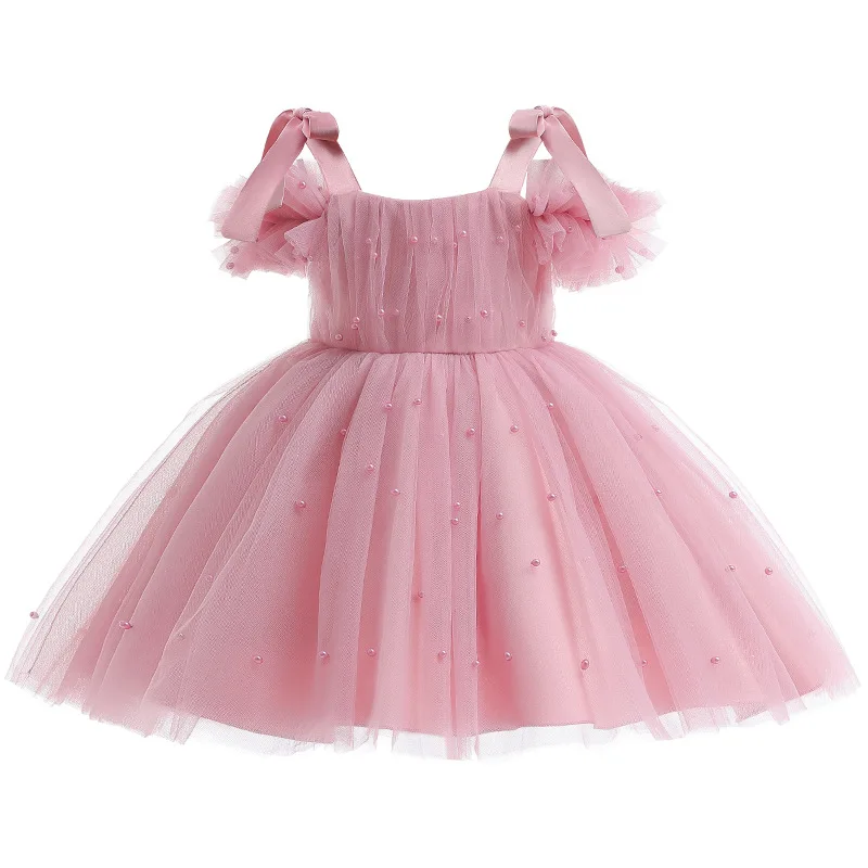 

2024 New Baby Girls Dress Summer Mesh Bow Sling Little Princess Gown Dress Children's Performance Costume 1-5 Years Kids Clothes