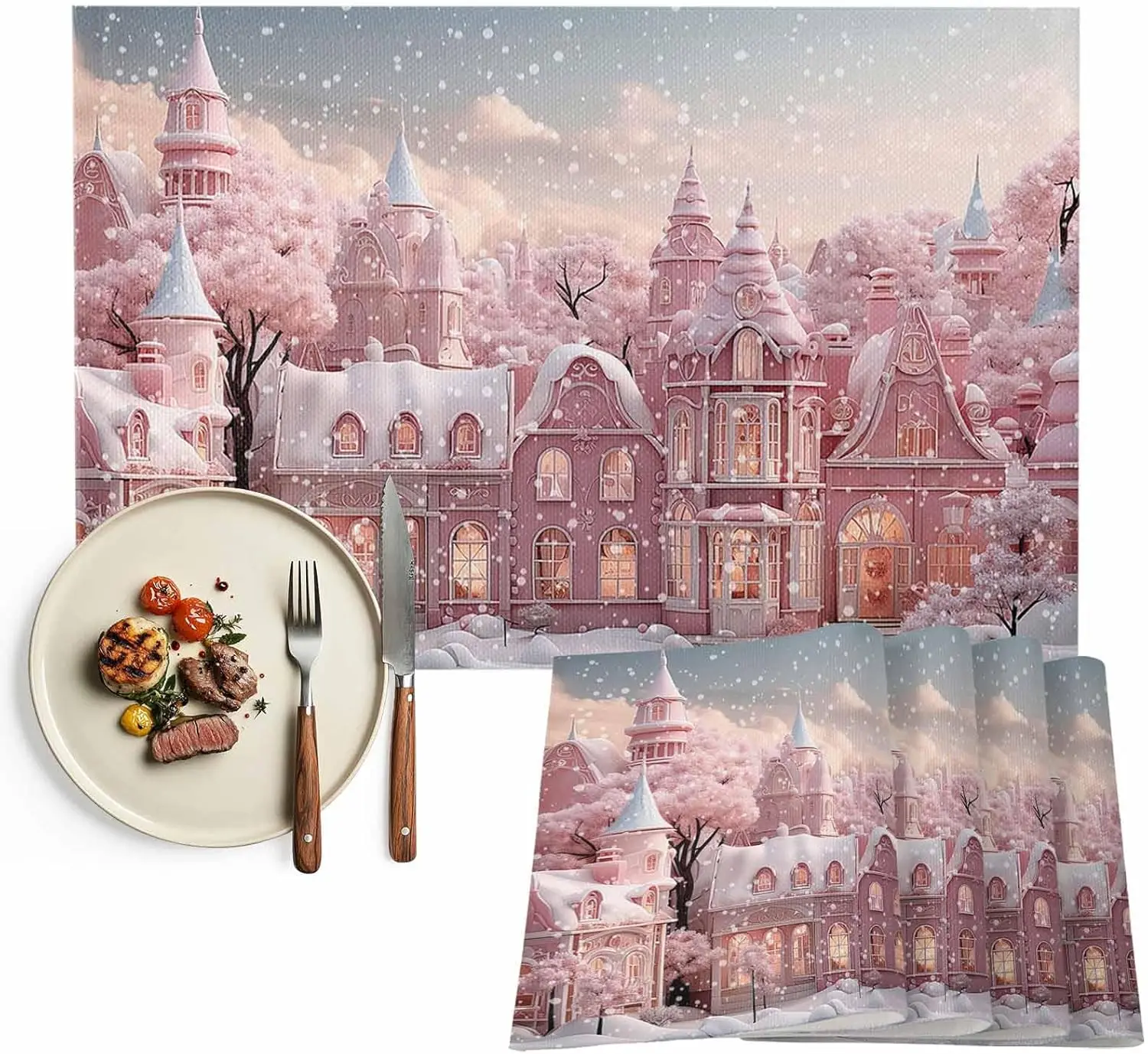

Рождественский замок, розовый, белый снежный пейзаж, коврики для стола для кухни, обеденный декор, праздничные салфетки для фермерского дома, рождественские украшения