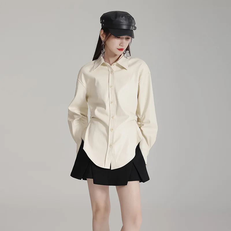 New minority design leather women's shirt with American retro style waist cinched PU leather top