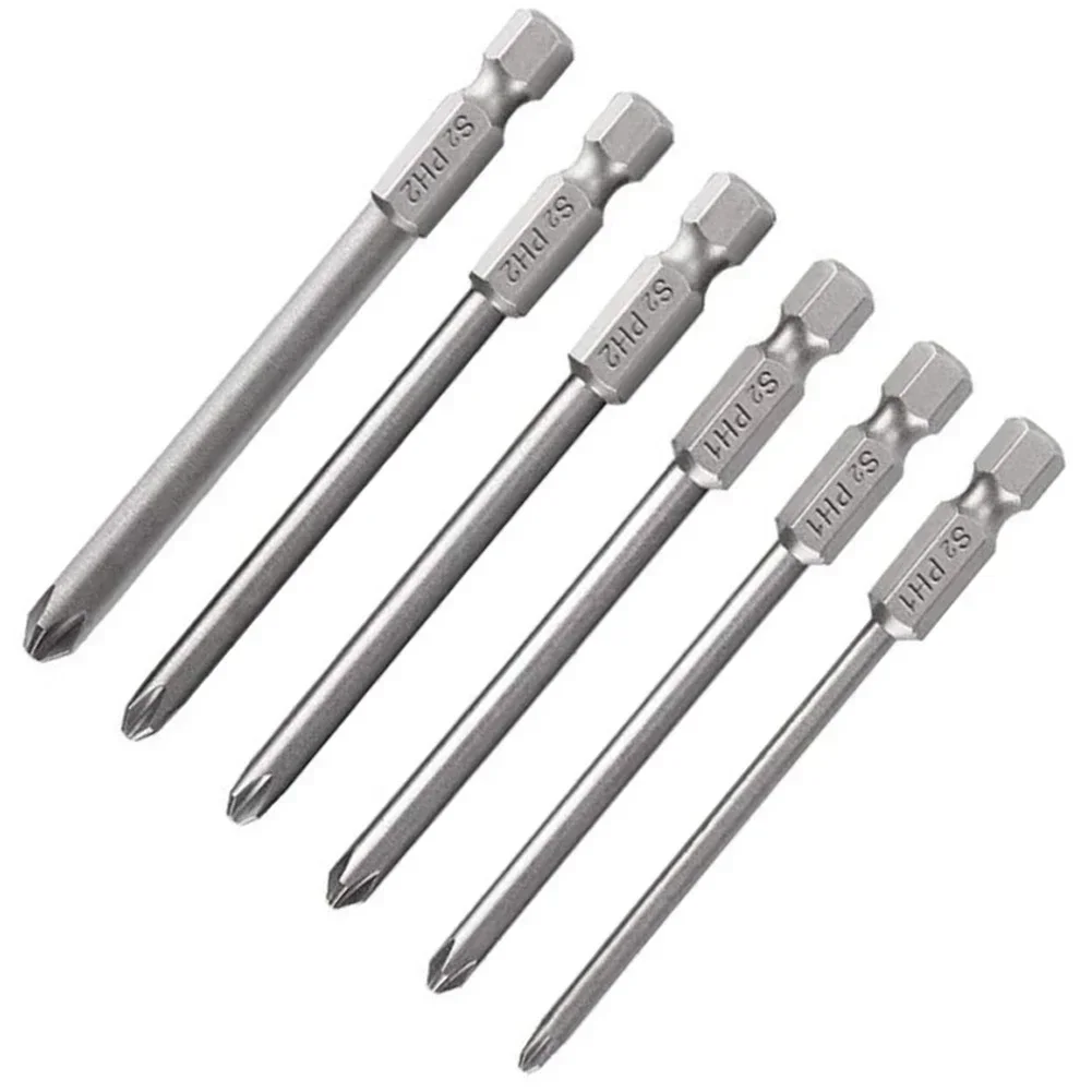 6Pcs Non-Slip Magnetic Batch Head Phillips/Cross Screwdriver Drill Bits  1/4\'\' Hex Shank 75mm Long Alloy Steel PH1 PH2