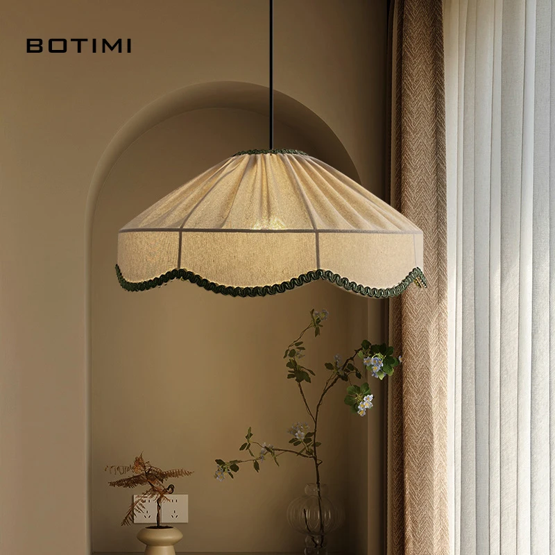 BOTIMI Beige Cloth Pendant Light For Dining Off-White Wire Hanging Island Kitchen Fabric Art Suspension Luminaire Bedside Lamps
