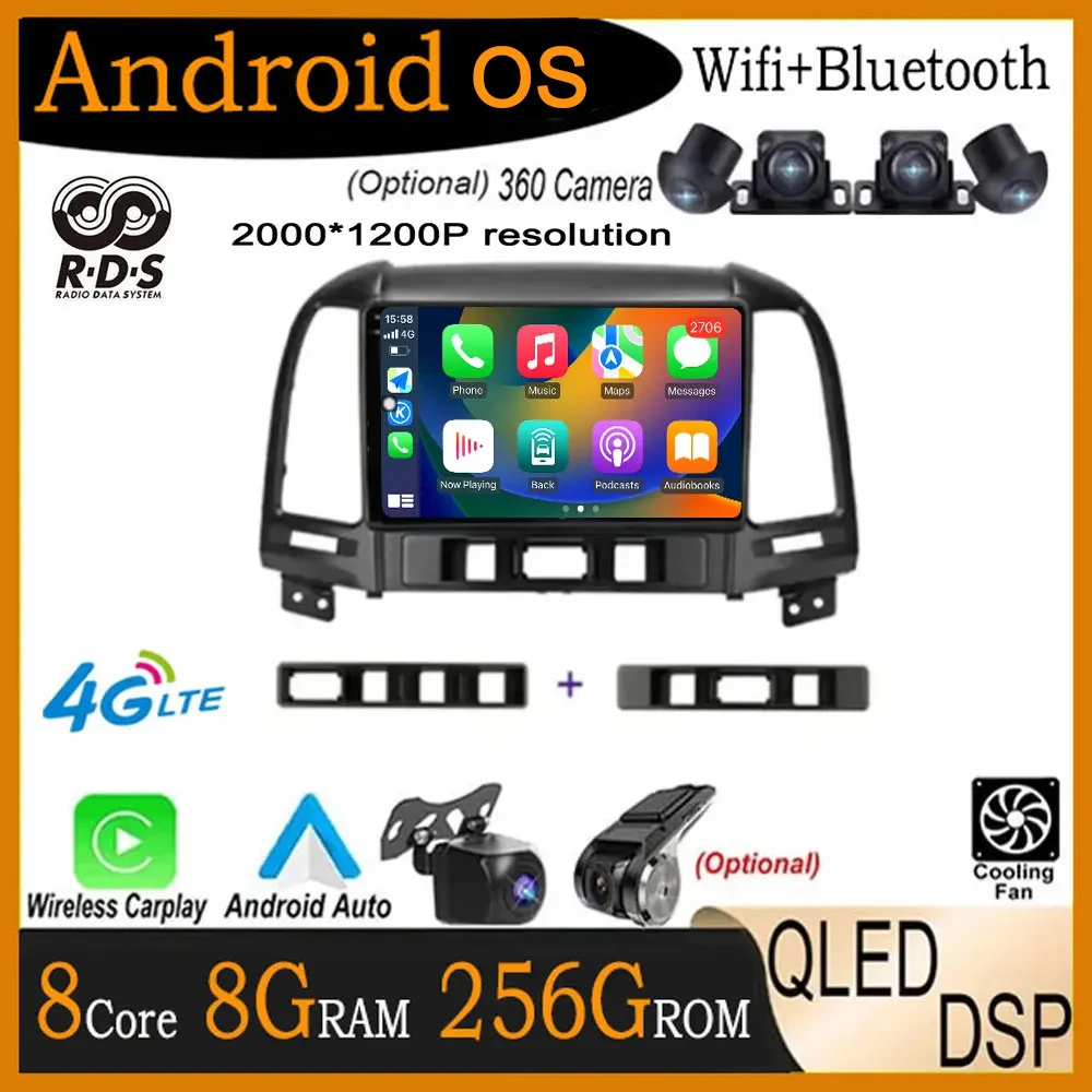 

QLED IPS DSP Android 14 для Hyundai Santa Fe 2 2006-2012 автомобильный Wifi 4G автоплеер Радио Мультимедийный видеоплеер навигация