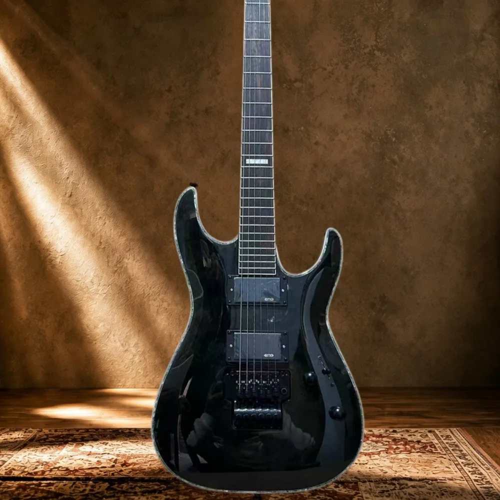 Unique Black Electric Guitar, Mahogany Body, Floyd Rose Style Tremolo, 24 Fret, Black Hardwares, Metal Guitar for Rocky