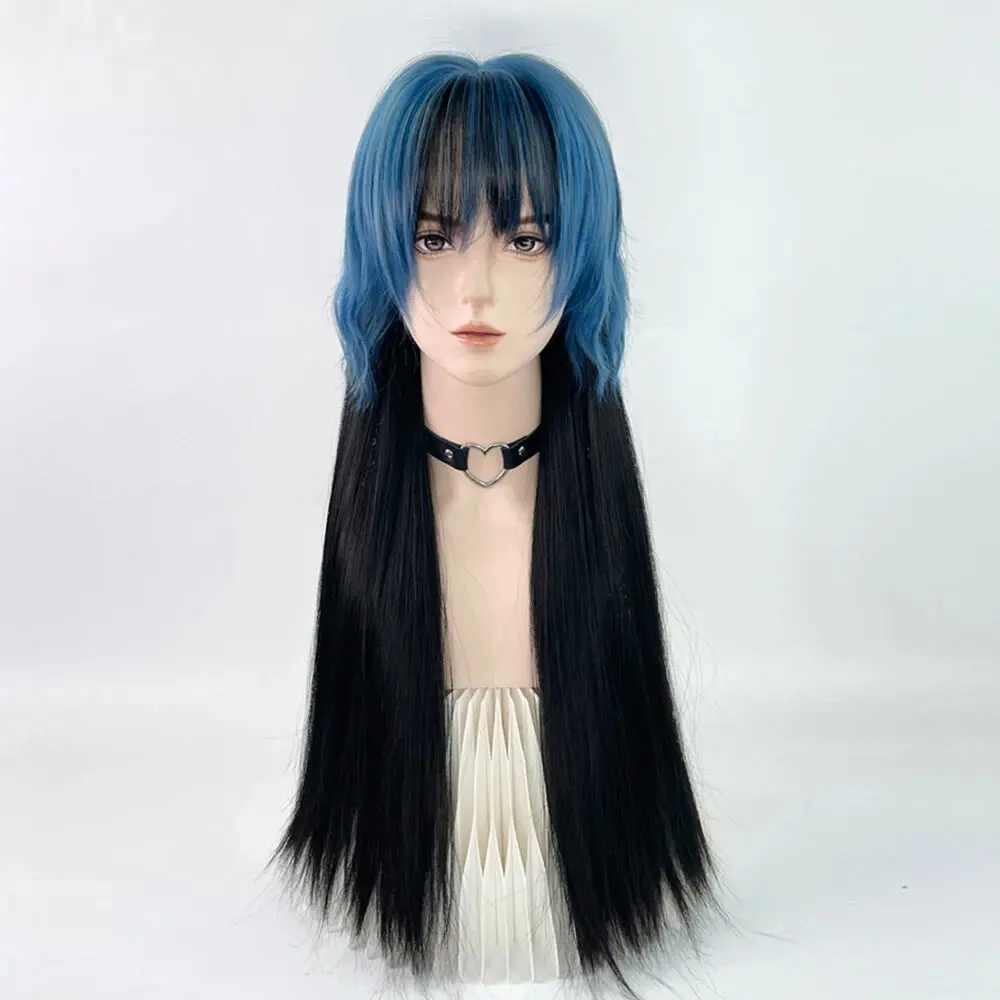 Blau schwarz geschichtete lange Perücken mit Pony synthetische gerade gewellte Frauen Männer Lolita Cosplay Haar Perücke für die tägliche Party