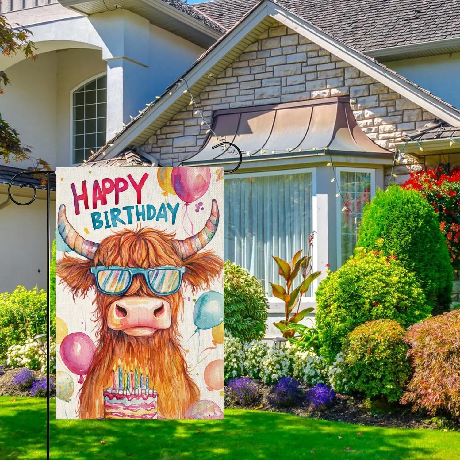 Happy Birthday Garden Flag Highland Cow Garden Flag 12x18 Double Sided Linen, Colorful Balloon Cake Toppers Banner Farmhouse yyi