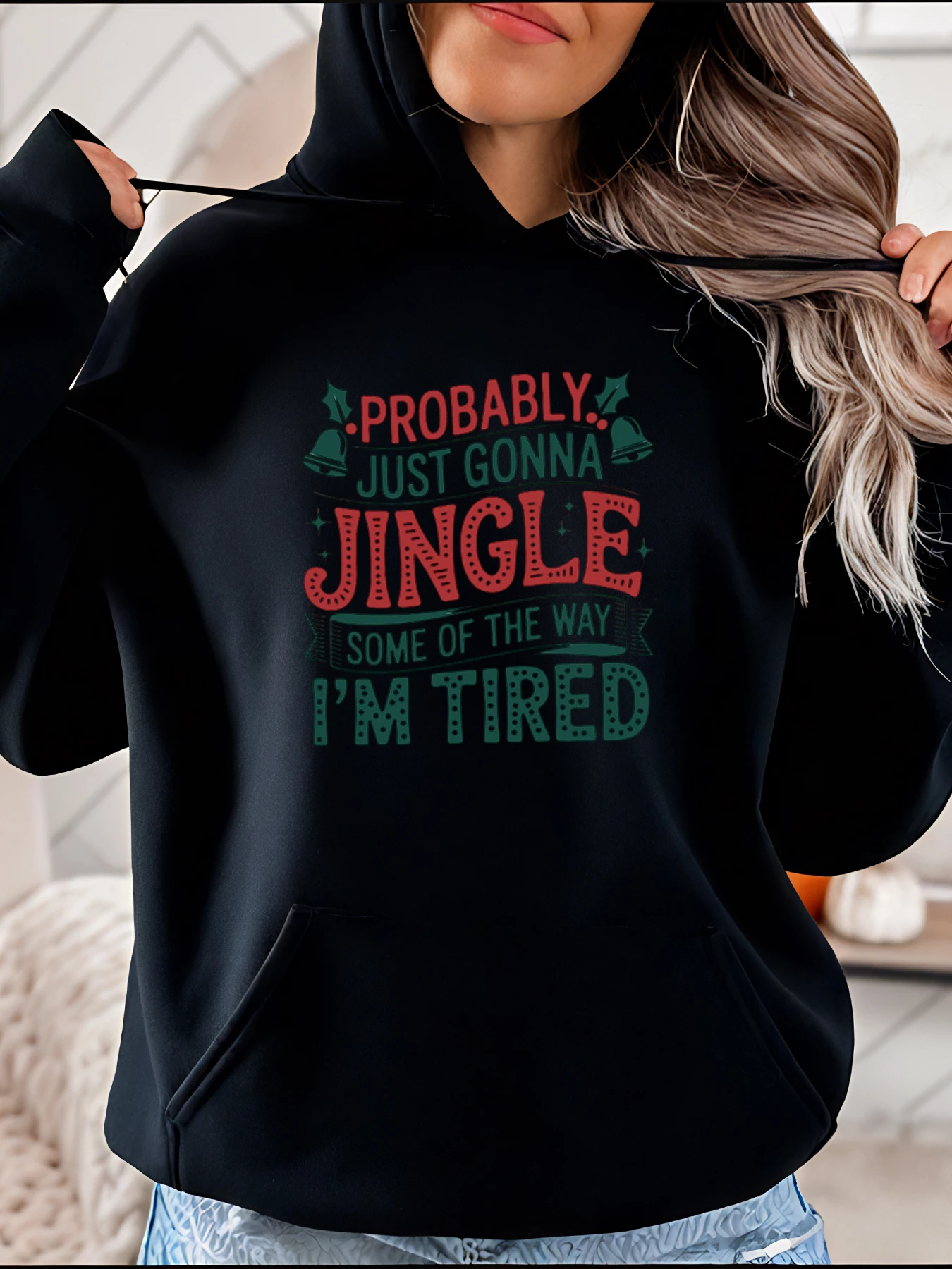 

Christmas Jingle Print Hoodie Casual Holiday Sweatshirt with Bell Design Women Cozy Winter Wear