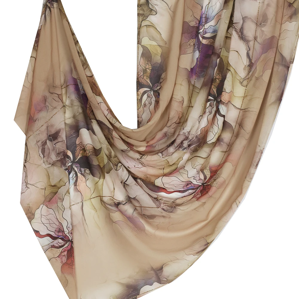 Mit Strass verzierter bedruckter Chiffon-Hijab, arabischer Stil, weiche Nebel-Farbpalette, hautfreundliche Haptik, tägliche Eleganz bis Enha
