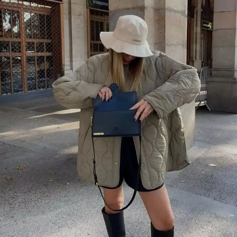 New European and American Style Casual Coat with Diamond Grid Round Neck Quilted Loose Cotton Jacket Female Clothing