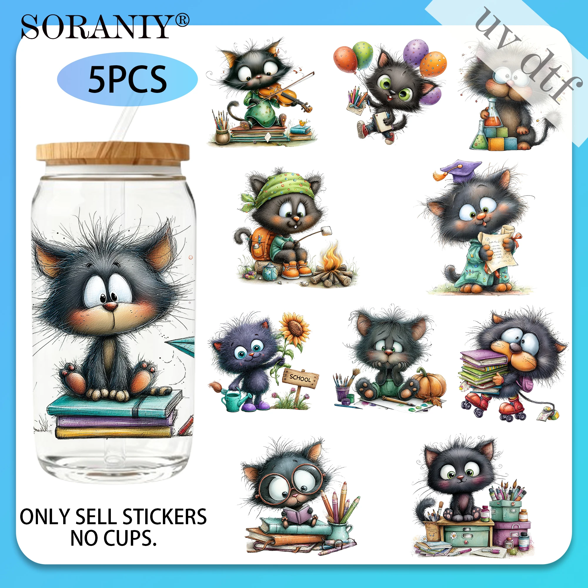 UV DTF 16OZ DIY-Transferaufkleber – 5 Stück/Set „Back To School“-Thema „Black Cat Camping Life“