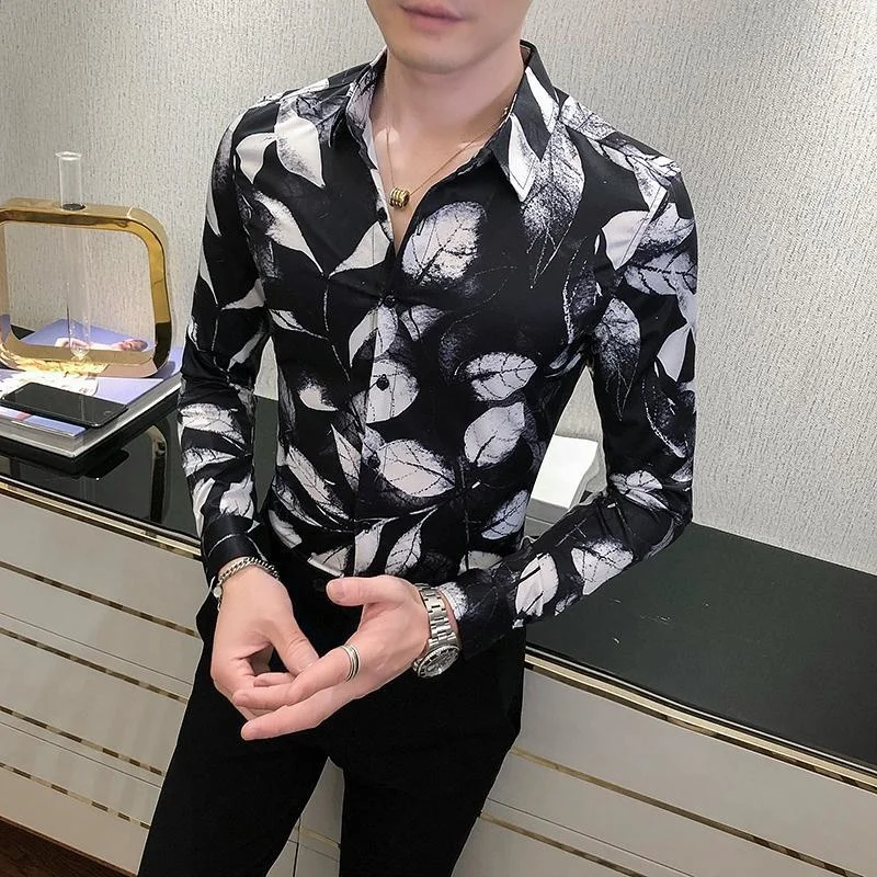 

Autumn Men's Clothing New Korean Version Printed Long-Sleeved Shirt Youth Fashion Iron-Free Leaf Slim Top Shirts For Men