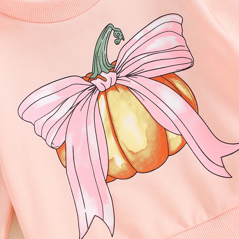 2024-05-27 Lioraitiin Toddler Girls Halloween Outfits Bow Pumpkin Print Long Sleeve Sweatshirt and Elastic Pants Baby Cute Set